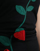 Black Wool Sleeveless Rose Applique Dress