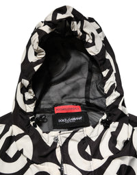 Black White Logo Print Hooded Coat Men Jacket