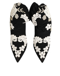 Black White Embroidered Jersey Stiletto Boots Shoes