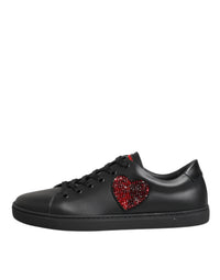 Black Leather Crystal Heart Low Top Sneakers  Shoes