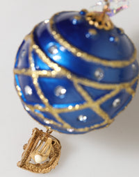 Gold Brass Blue Christmas Ball Crystal Drop Clip On Earrings