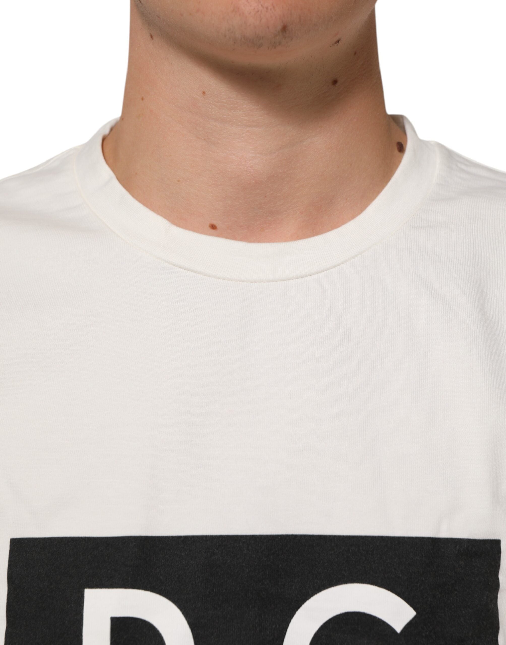 White Logo Print Cotton Crew Neck Men T-shirt