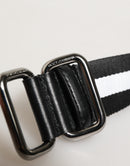 Black White Striped Logo Metal Buckle Belt