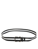 Black White Striped Logo Metal Buckle Belt