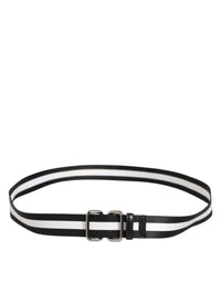Black White Striped Logo Metal Buckle Belt
