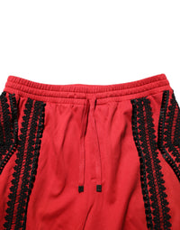 Red Embroidered Casual Cropped Trouser Pants