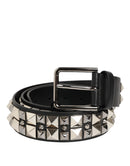 Black Calf Leather Studded Silver Buckle Belt