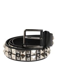 Black Calf Leather Studded Silver Buckle Belt
