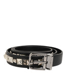 Black Leather Studded Silver-Tone Buckle Belt
