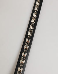 Black Leather Studded Silver-Tone Buckle Belt