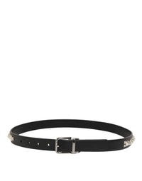 Black Leather Studded Silver-Tone Buckle Belt
