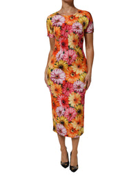 Multicolor Floral Print SilkSheath Midi Dress
