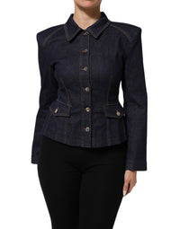 Dark Blue Cotton Collared Denim Coat Jacket