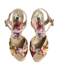 Beige Floral Ankle Strap Wedge Sandals Shoes
