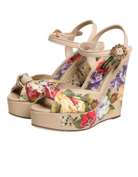Beige Floral Ankle Strap Wedge Sandals Shoes