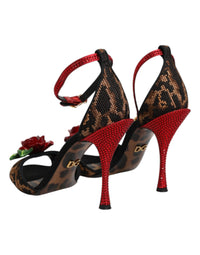 Brown Leopard Crystal Roses Sandals Shoes