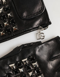 Black Leather Studded Fingerless Hand Mitten Men Gloves