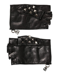 Black Leather Studded Fingerless Hand Mitten Men Gloves