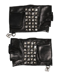 Black Leather Studded Fingerless Hand Mitten Men Gloves