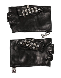 Black Leather Studded Fingerless Hand Mitten Men Gloves