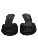 Black Embroidered Slip On Heels Slides Shoes