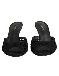 Black Embroidered Slip On Heels Slides Shoes