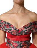 Red Floral Off Shoulder A-line Gown Dress